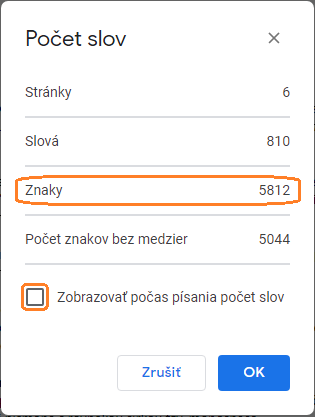 Počet znakov v Google docs