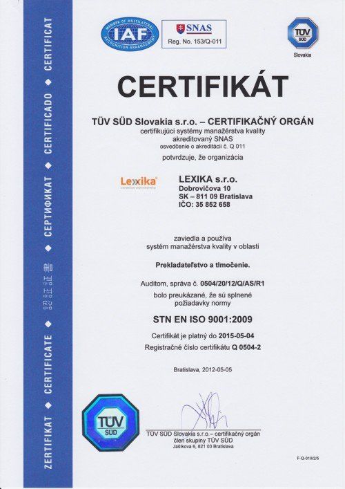 Certifikát od inšpekcie TÜV SÜD