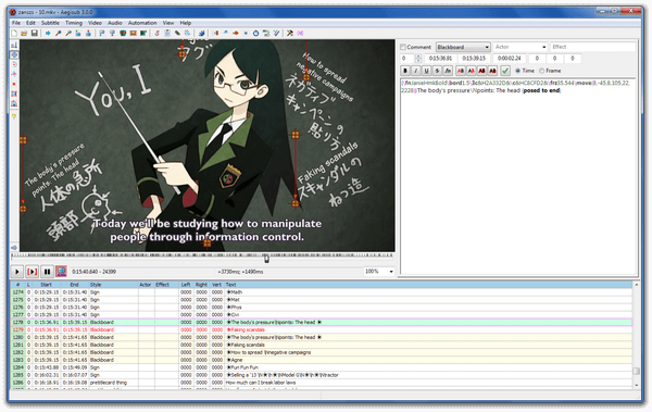 Titulkovací nástroj Aegisub - screenshot