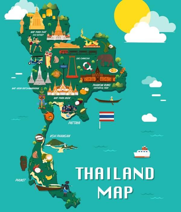 kreslená mapa Thajska_illistrated map of Thailand