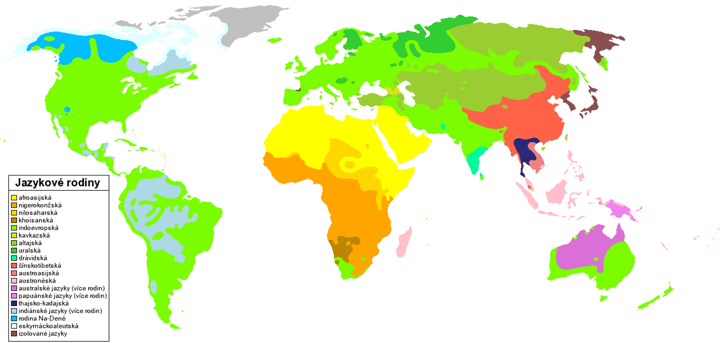 mapa rozmiestnenia jazykových rodín vo svete