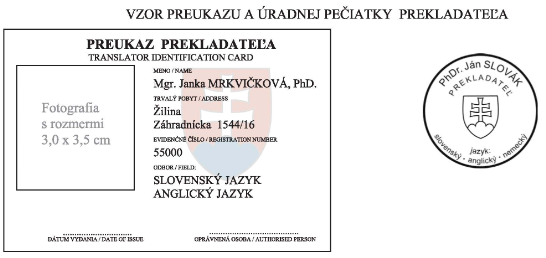 vzor preukazu a pečiatky úradného prekladateľa