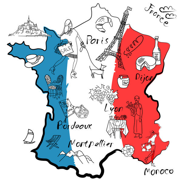 Francúzsko mapa vo národných farbách