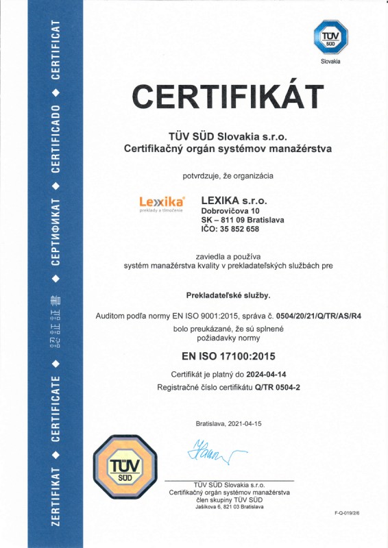certifkát ISO 17100 Lexika