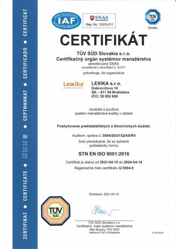 certifkát ISO 9001 Lexika